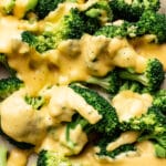 closeup of broccoli florets with cheese sauce