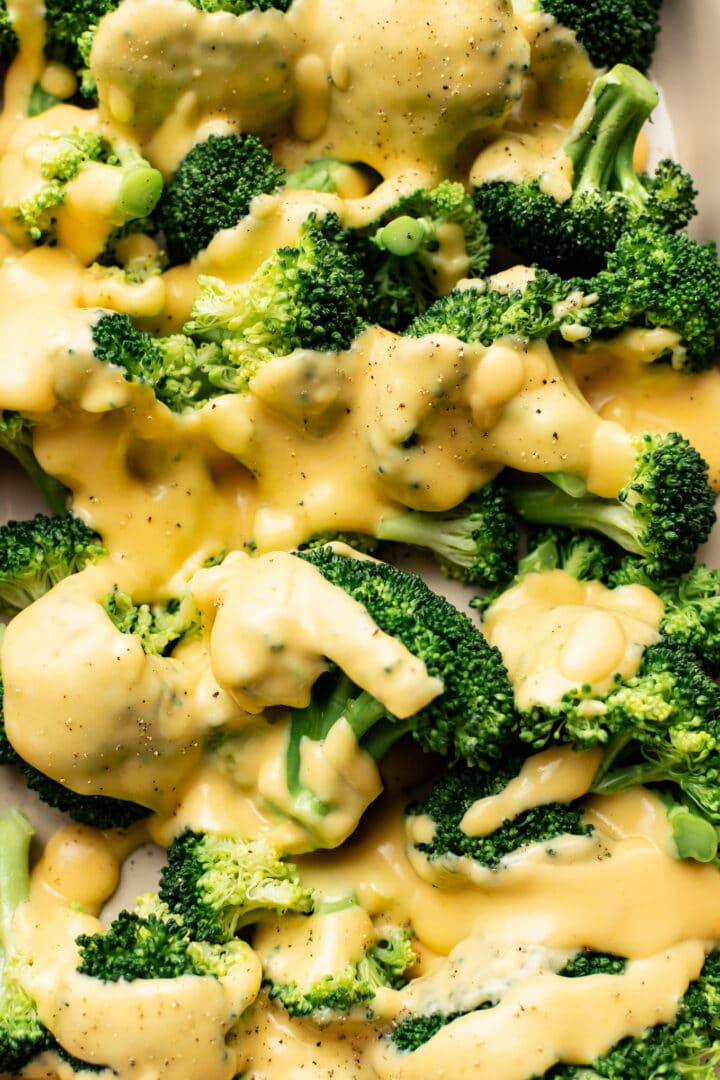 closeup of broccoli florets with cheese sauce