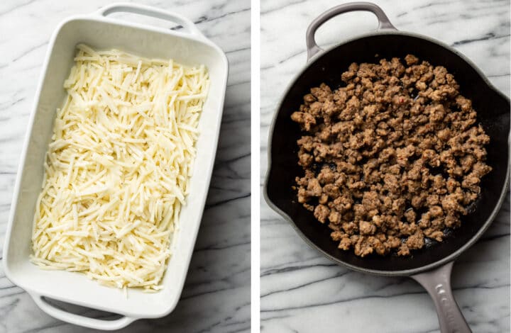 adding hash browns to a baking dish and frying sausage meat in a skillet