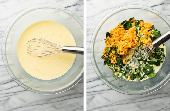 making egg mixture in a glass bowl with a whisk