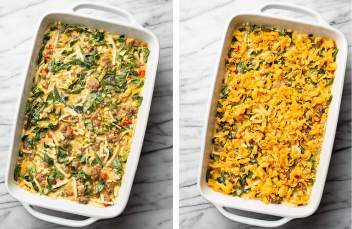 adding egg mixture to a baking dish and topping with cheese