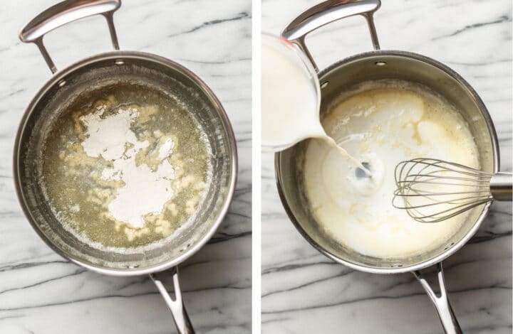 making a roux and adding milk to a pan for cheese sauce