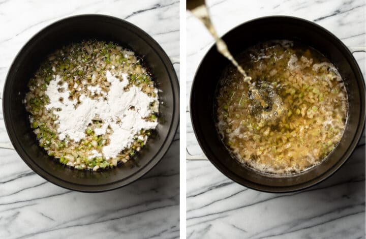 making a roux and adding chicken broth to a pot