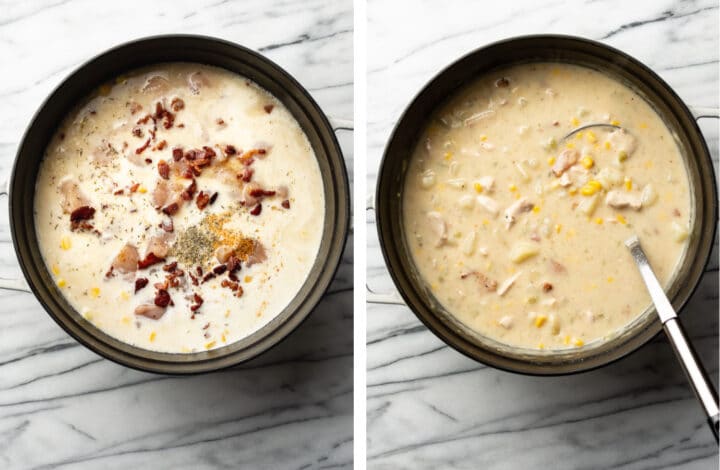 adding bacon to chicken and corn chowder