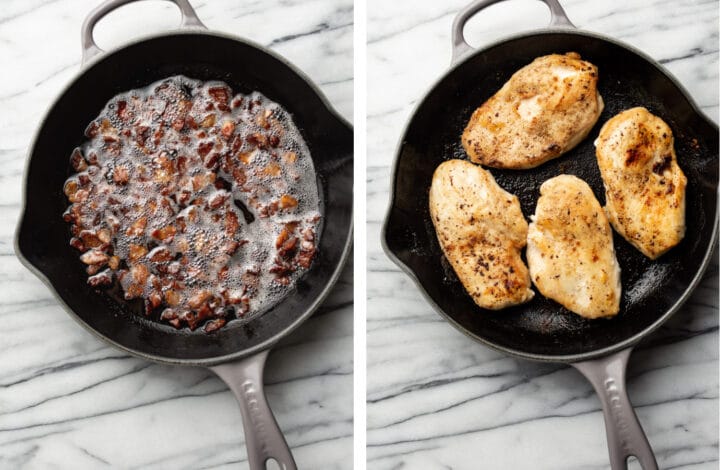 frying bacon in a skillet and then pan frying chicken