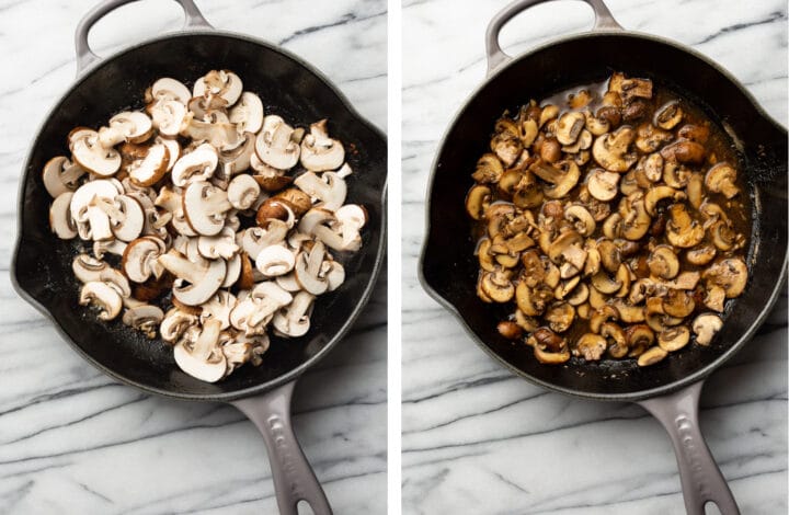 sauteing mushrooms in a cast iron skillet