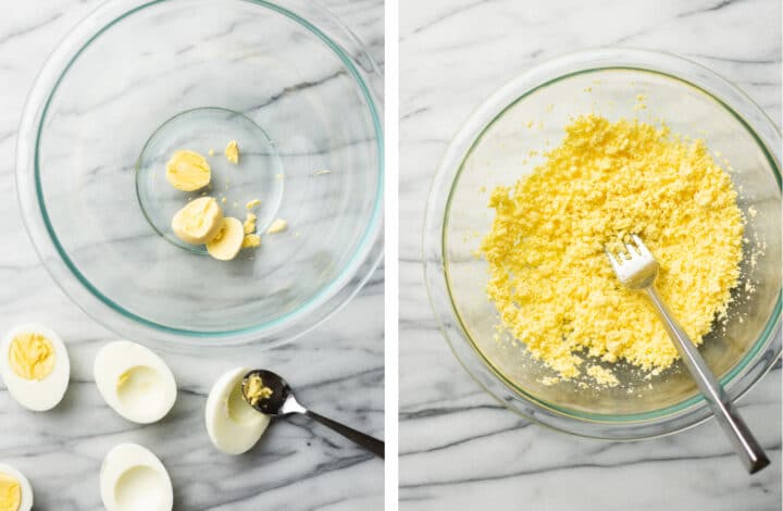 removing yolks from hard boiled eggs and mashing them in a bowl