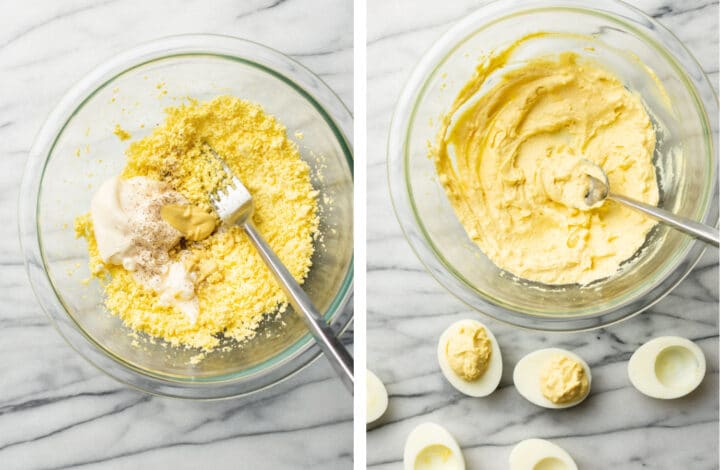 filling eggs with creamy mayo mixture