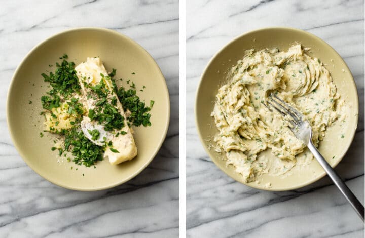 making garlic butter spread in a bowl