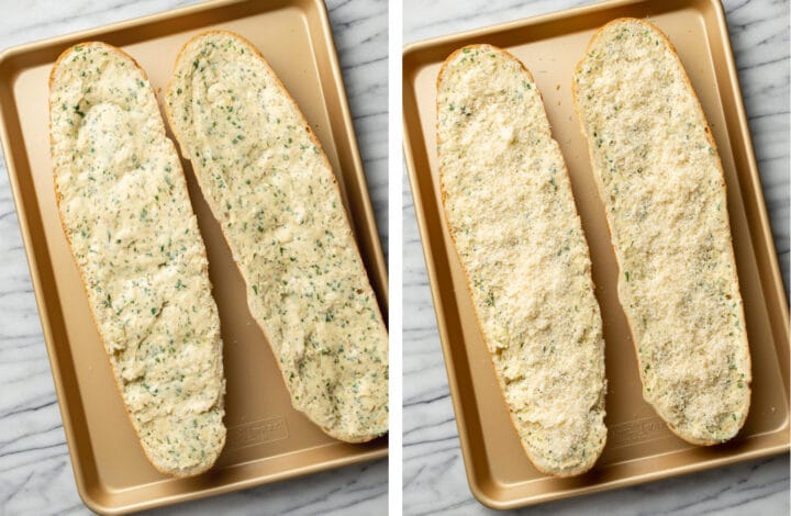 spreading garlic butter on bread and topping with parmesan