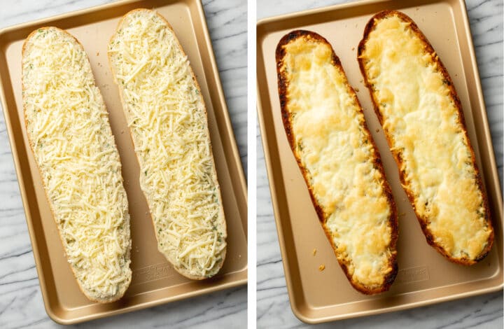 cheesy garlic bread before and after baking