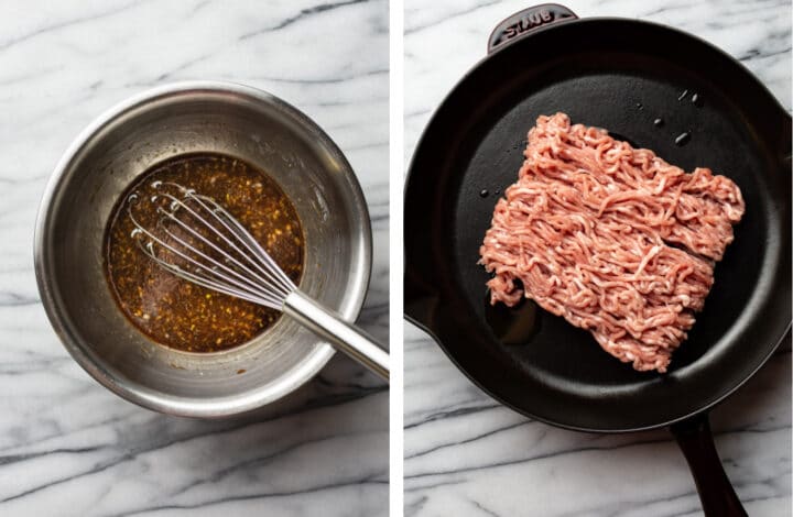 making stir fry sauce and frying ground pork in a cast iron skillet