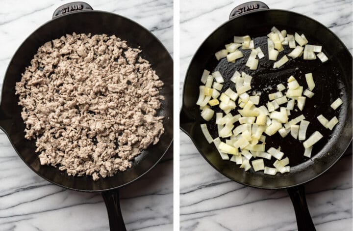 frying ground pork and onions in a skillet
