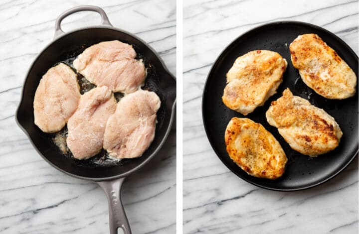 chicken before and after pan searing in a skillet
