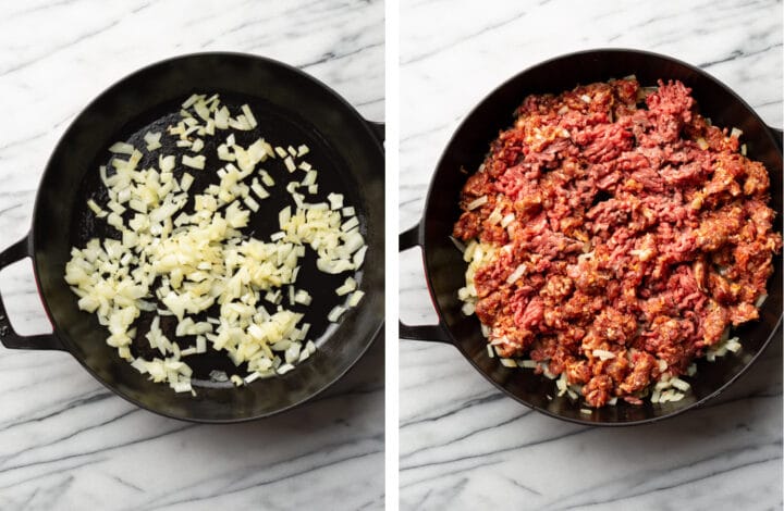 sauteing onion and ground beef for meat sauce