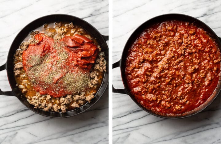 adding seasonings to meat sauce and simmering