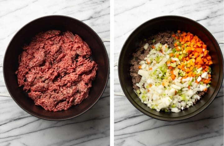 frying ground beef in a soup pot and adding onions and carrots