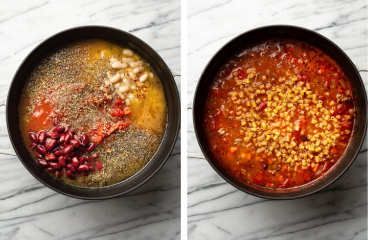 adding broth, beans, and pasta to a soup pot