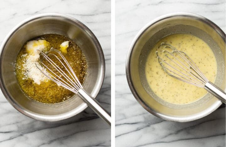 mixing olive garden salad dressing with a whisk in a metal bowl