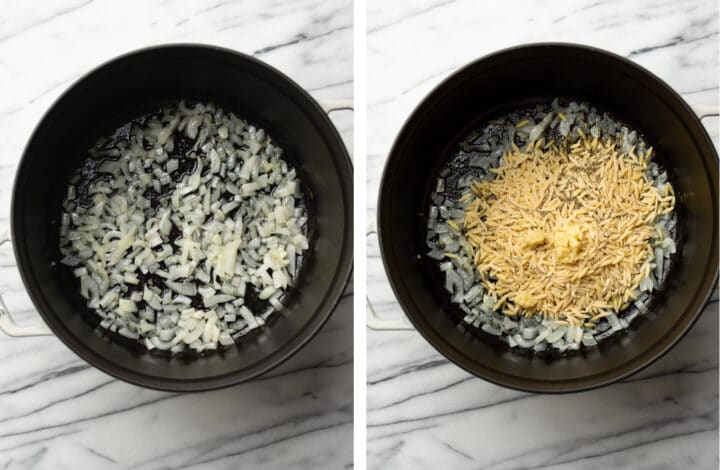 sauteing aromatics and adding orzo to a pot