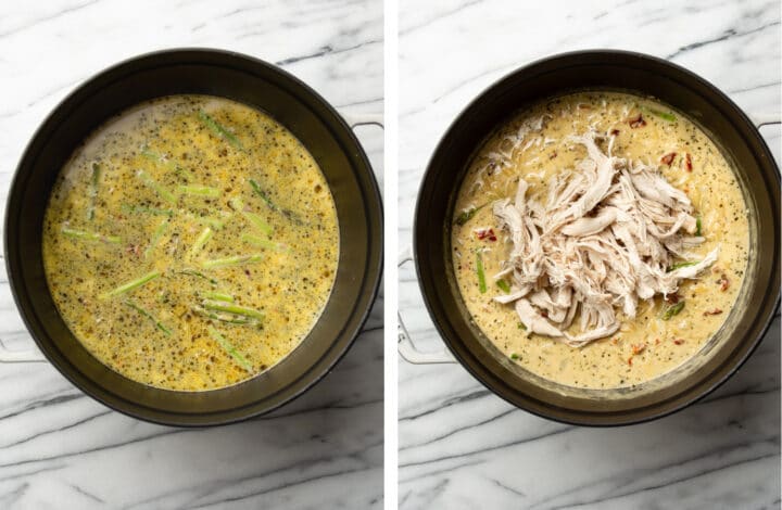 stirring in broth and seasoning and adding chicken to a pot