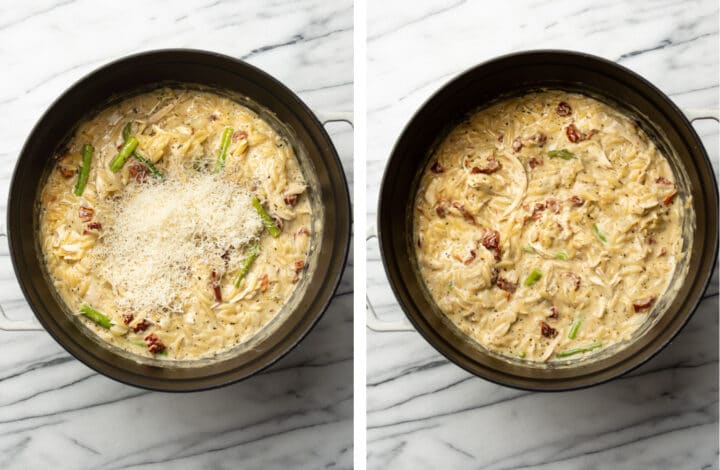 adding in parmesan to a pot of pesto orzo