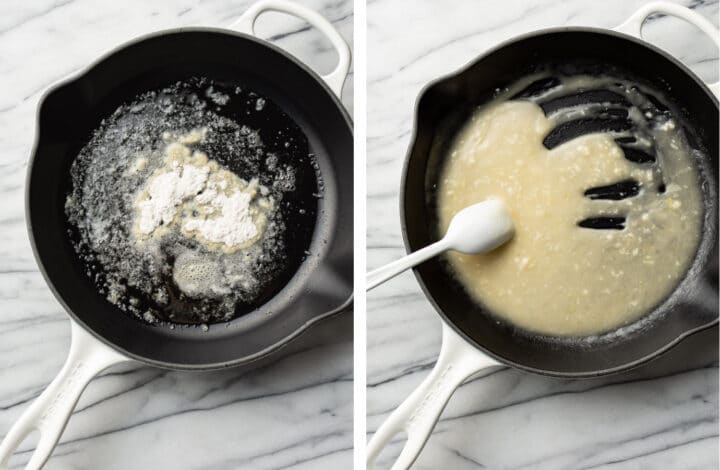 making a roux for ravioli sauce in a skillet