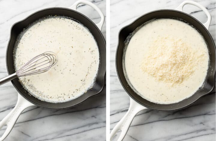 adding cream and parmesan to a skillet for ravioli sauce
