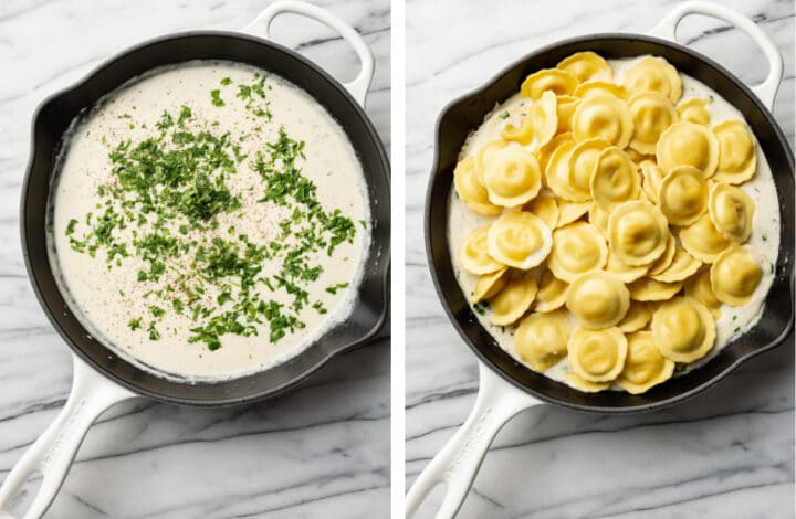 adding parsley and ravioli into a skillet with creamy sauce