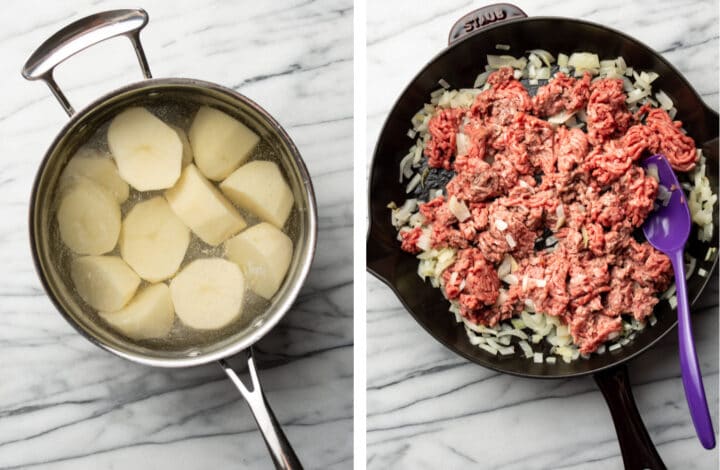 boiling potatoes and frying beef for shepherd's pie