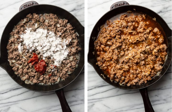 adding seasonings to ground beef in a skillet for shepherd's pie