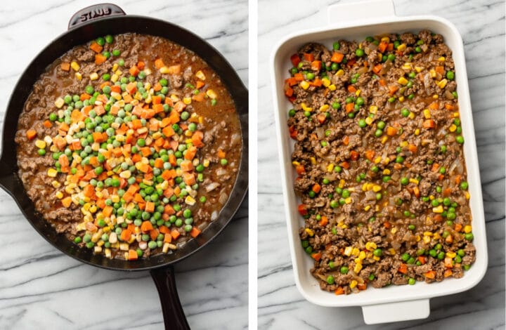 adding ground beef and veggie mixture to a baking dish for shepherd's pie