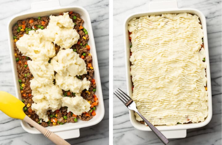 spreading mashed potatoes on shepherd's pie