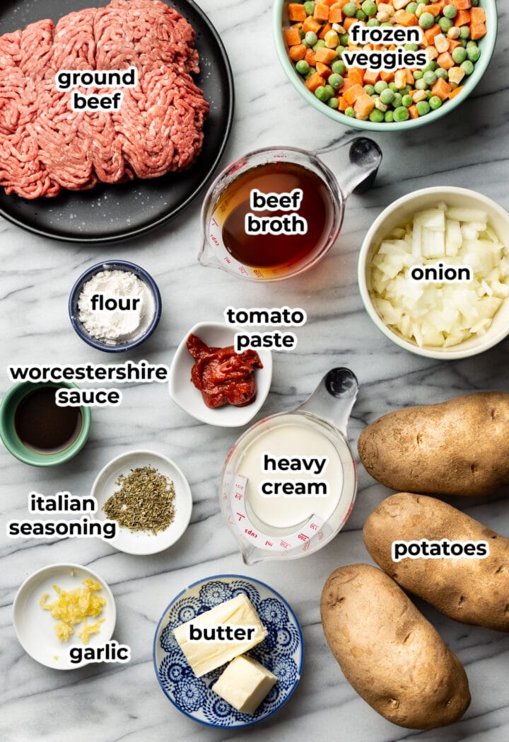 ingredients for shepherd's pie on a marble surface