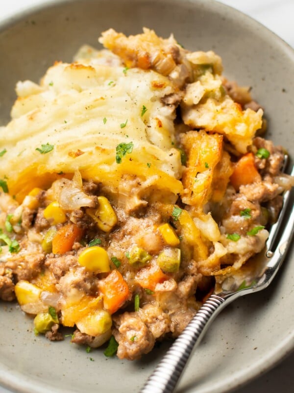 shepherd's pie on a plate with a fork