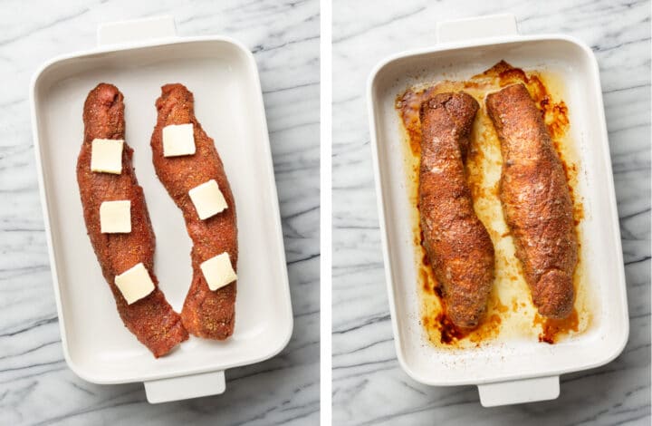pork tenderloin in a dish before and after baking
