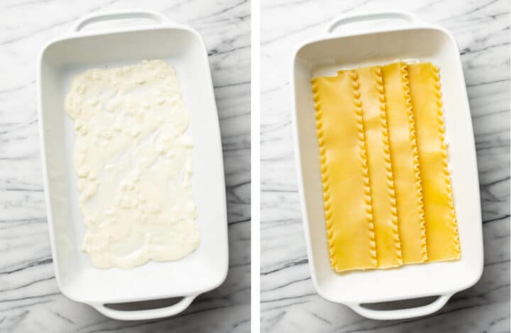 adding cream sauce and lasagna noodles to a baking dish