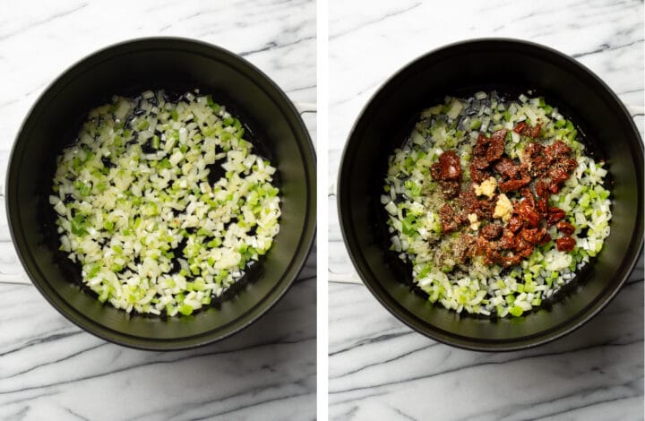 frying onion and celery in a dutch oven and adding in sundried tomatoes