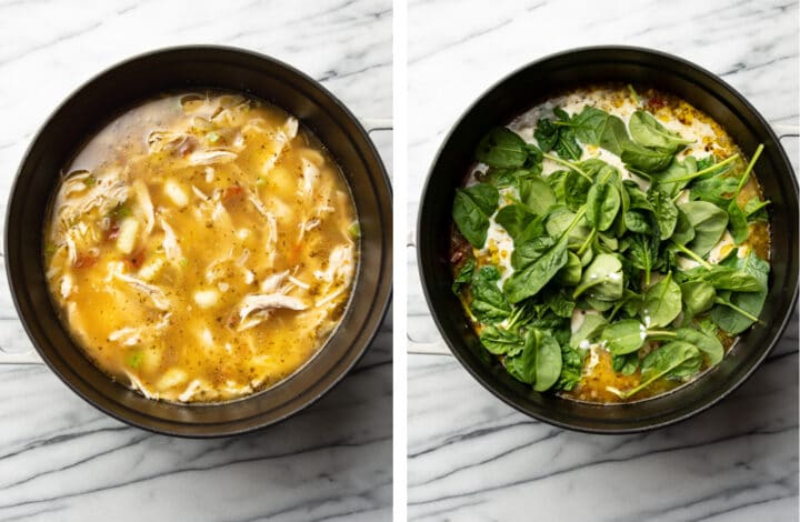 adding in broth, chicken, and spinach to a dutch oven