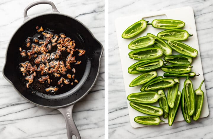 frying bacon in a skillet and prepping jalapenos