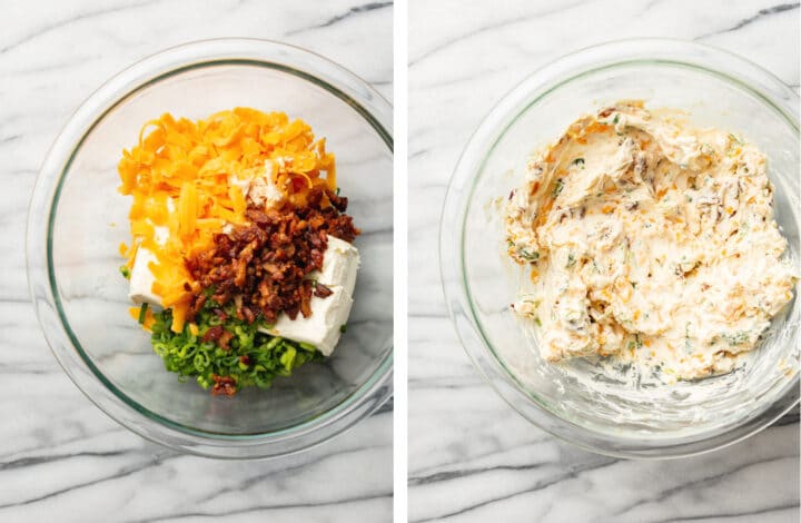 mixing filling for jalapeno poppers in a glass bowl