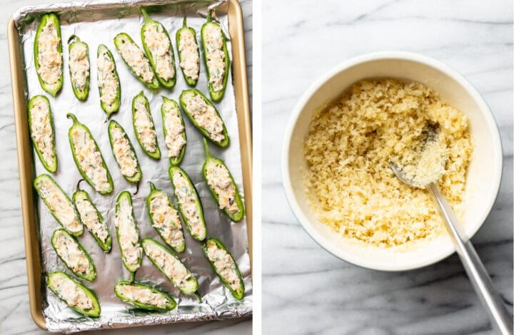 adding jalapeno poppers to a baking tray and mixing panko topping in a bowl