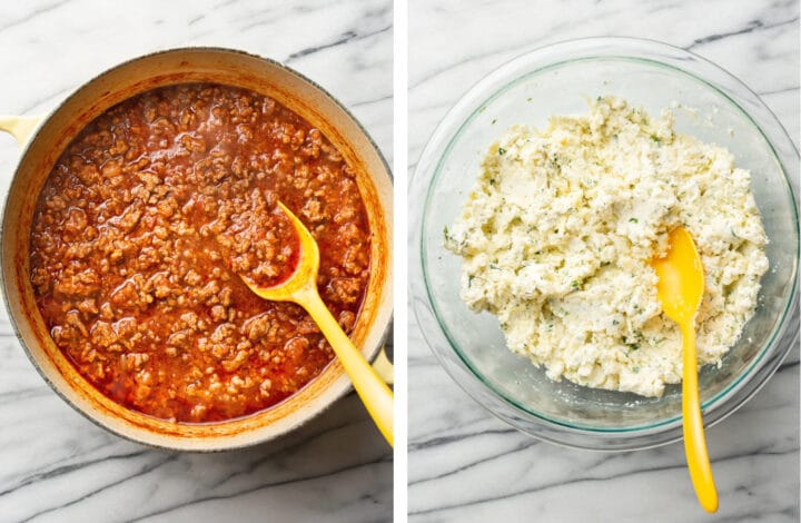 making meat sauce and cheese filling for lasagna