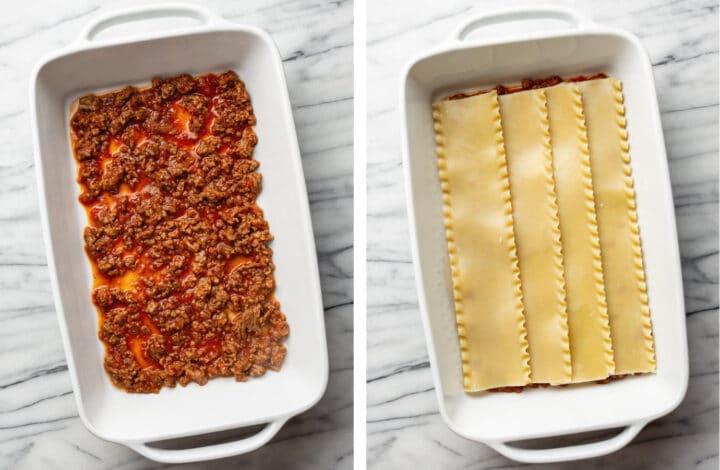 adding meat sauce and noodles to a lasagna dish
