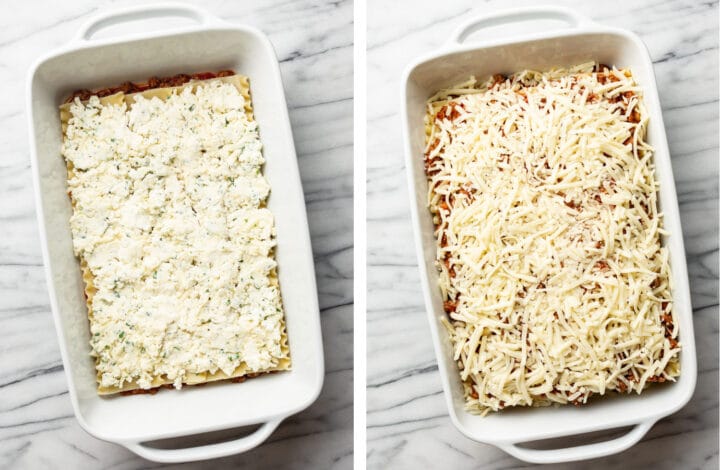 adding cheese layers to homemade lasagna