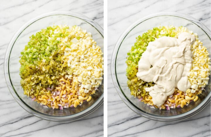 a glass bowl with ingredients for macaroni salad