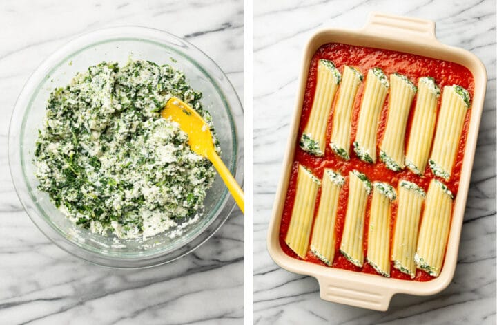 making ricotta mixture and adding manicotti to a baking dish