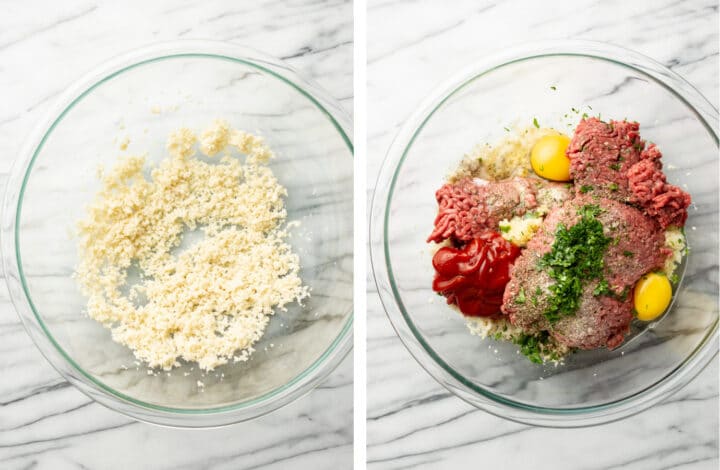mixing breadcrumbs and milk and adding ingredients for meatloaf in a glass bowl