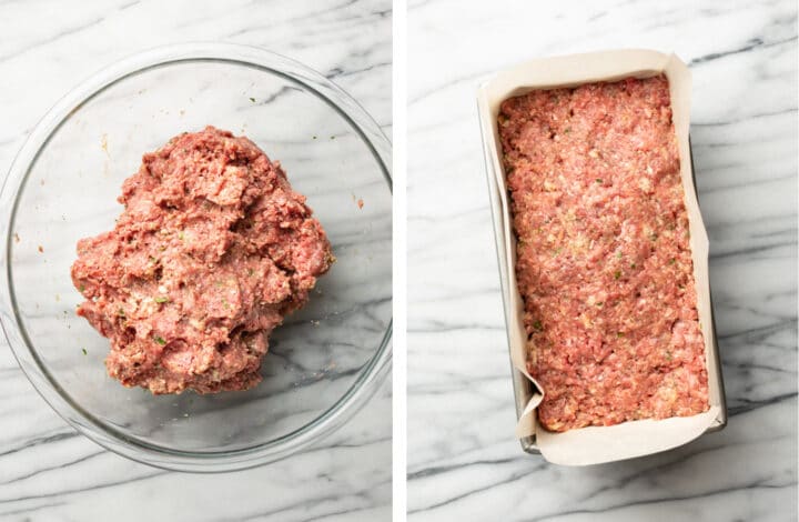 adding meatloaf mixture to a baking pan