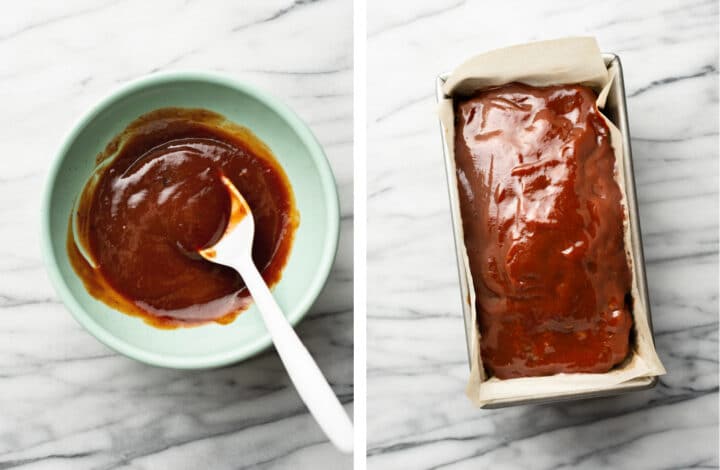 making the glaze for meatloaf and adding it to the loaf pan